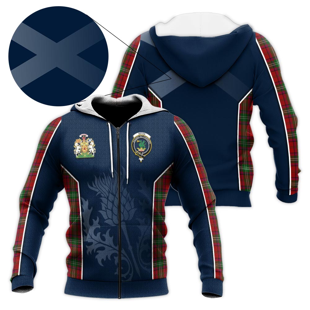 Tartan Vibes Clothing Seton Tartan Knitted Hoodie with Family Crest and Scottish Thistle Vibes Sport Style