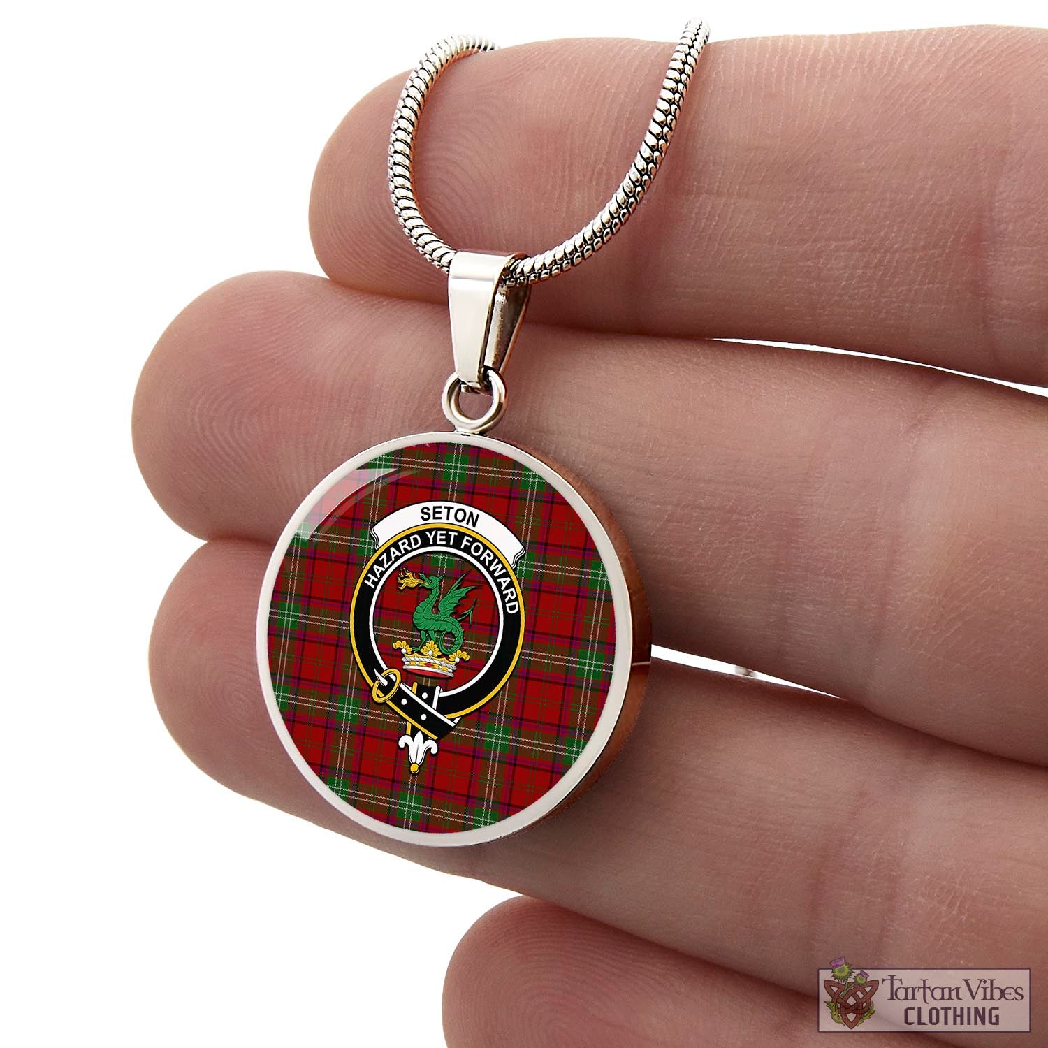 Seton Tartan Circle Necklace with Family Crest - Tartan Vibes Clothing