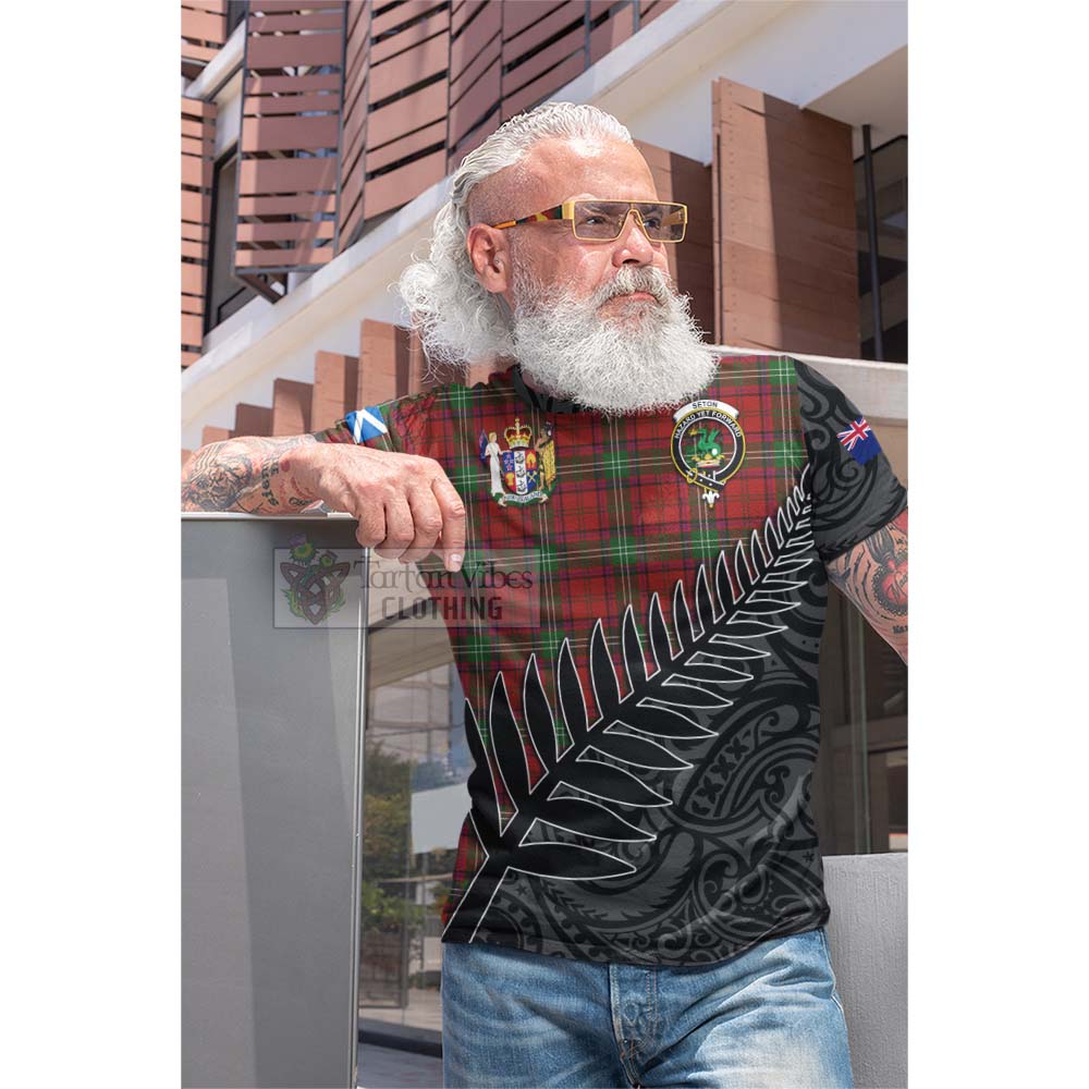 Tartan Vibes Clothing Seton Crest Tartan Cotton T-shirt with New Zealand Silver Fern Half Style