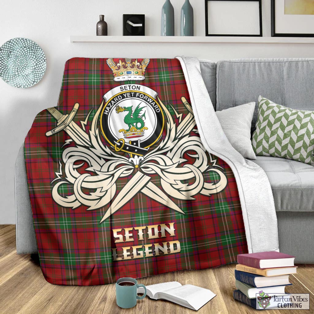 Seton Tartan Blanket with Clan Crest and the Golden Sword of Courageous Legacy - Tartan Vibes Clothing