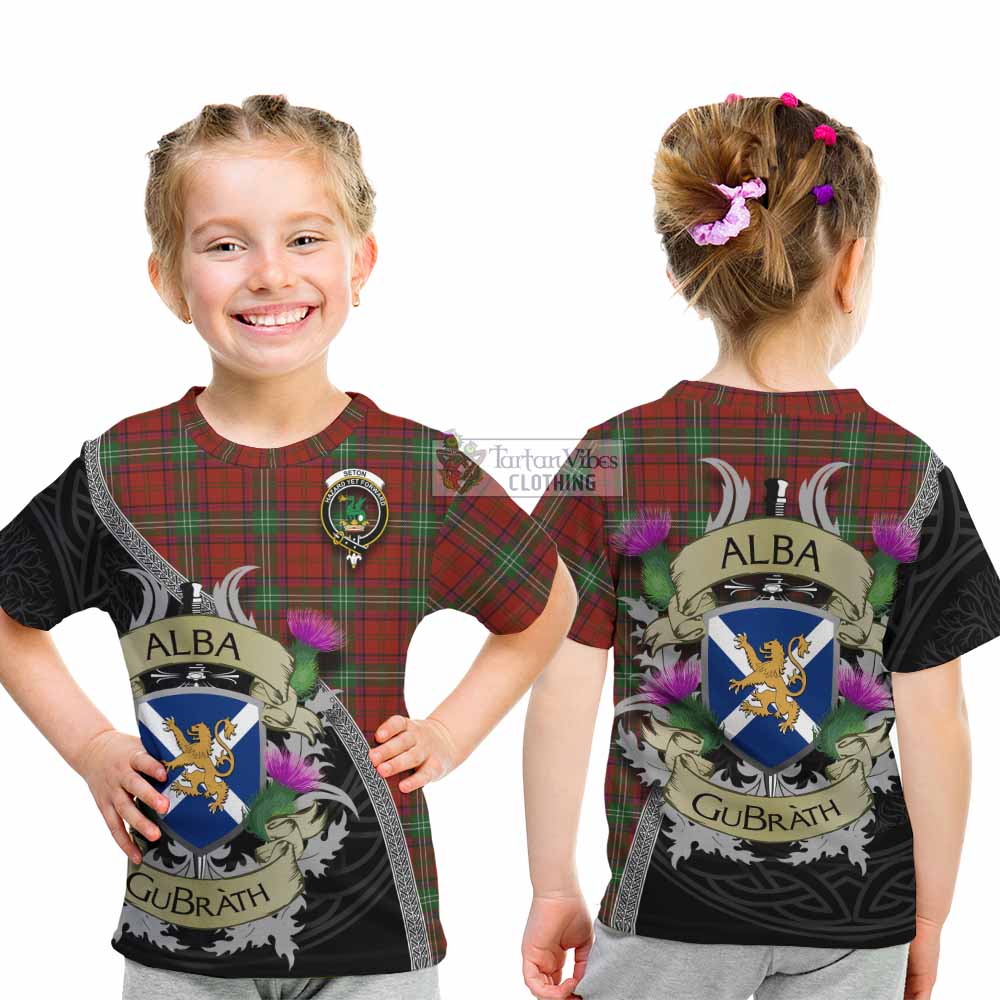 Seton Tartan Family Crest Kid T-Shirt Lion Rampant Royal Thistle Shield Celtic Inspired - Tartan Vibes Clothing