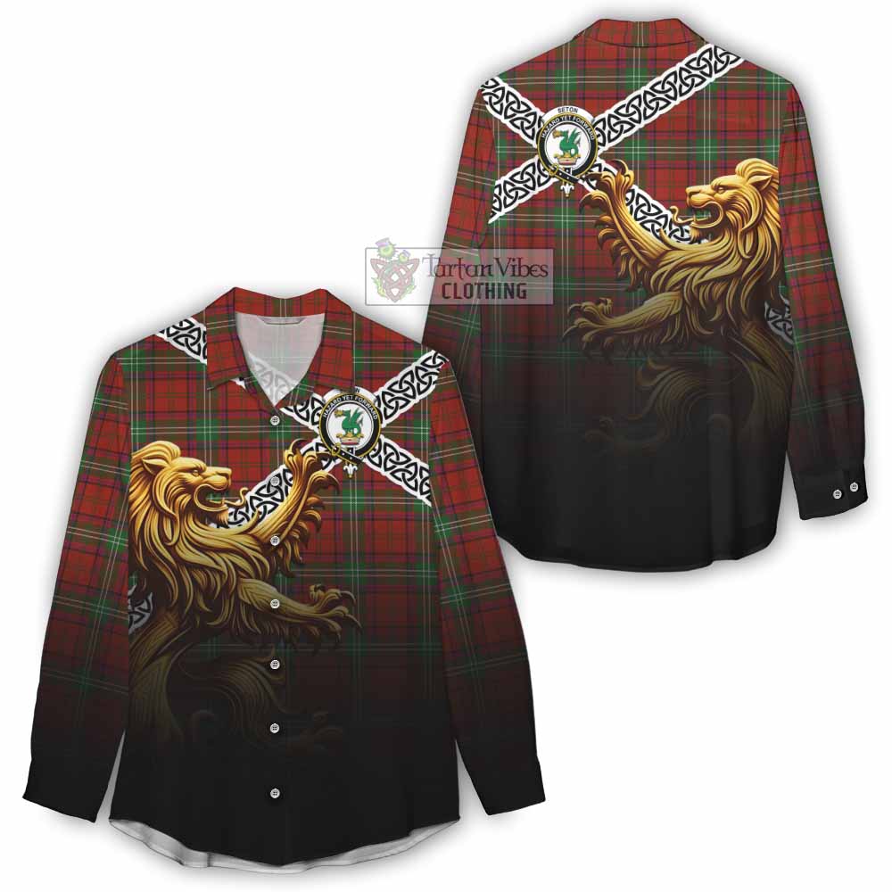 Seton Crest Tartan Women's Casual Shirt with Golden Lion Emblem Celtic Style - Tartan Vibes Clothing