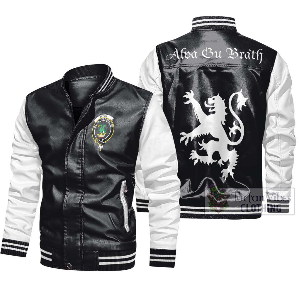 Seton Family Crest Leather Bomber Jacket Lion Rampant Alba Gu Brath Style Black - White Unisex - 2D-tartanvibesclothing