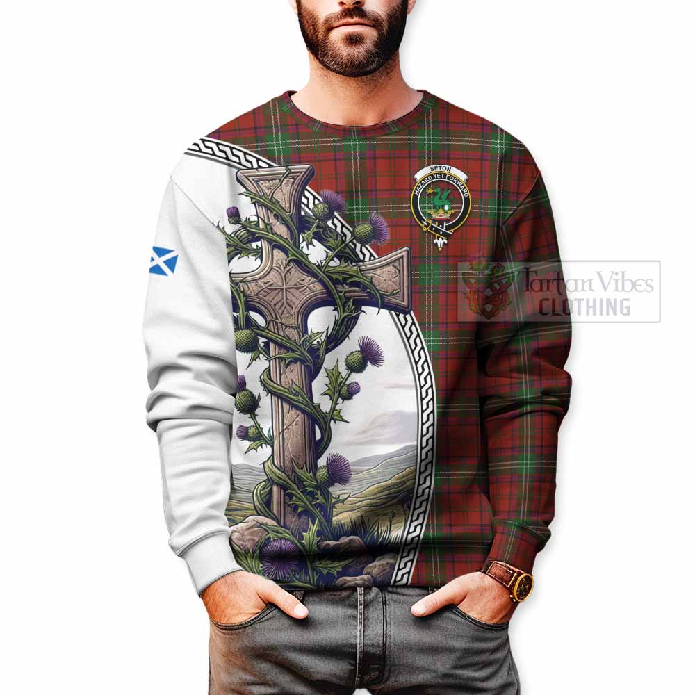 Seton Tartan Sweatshirt with Family Crest and St. Andrew's Cross Accented by Thistle Vines - Tartan Vibes Clothing