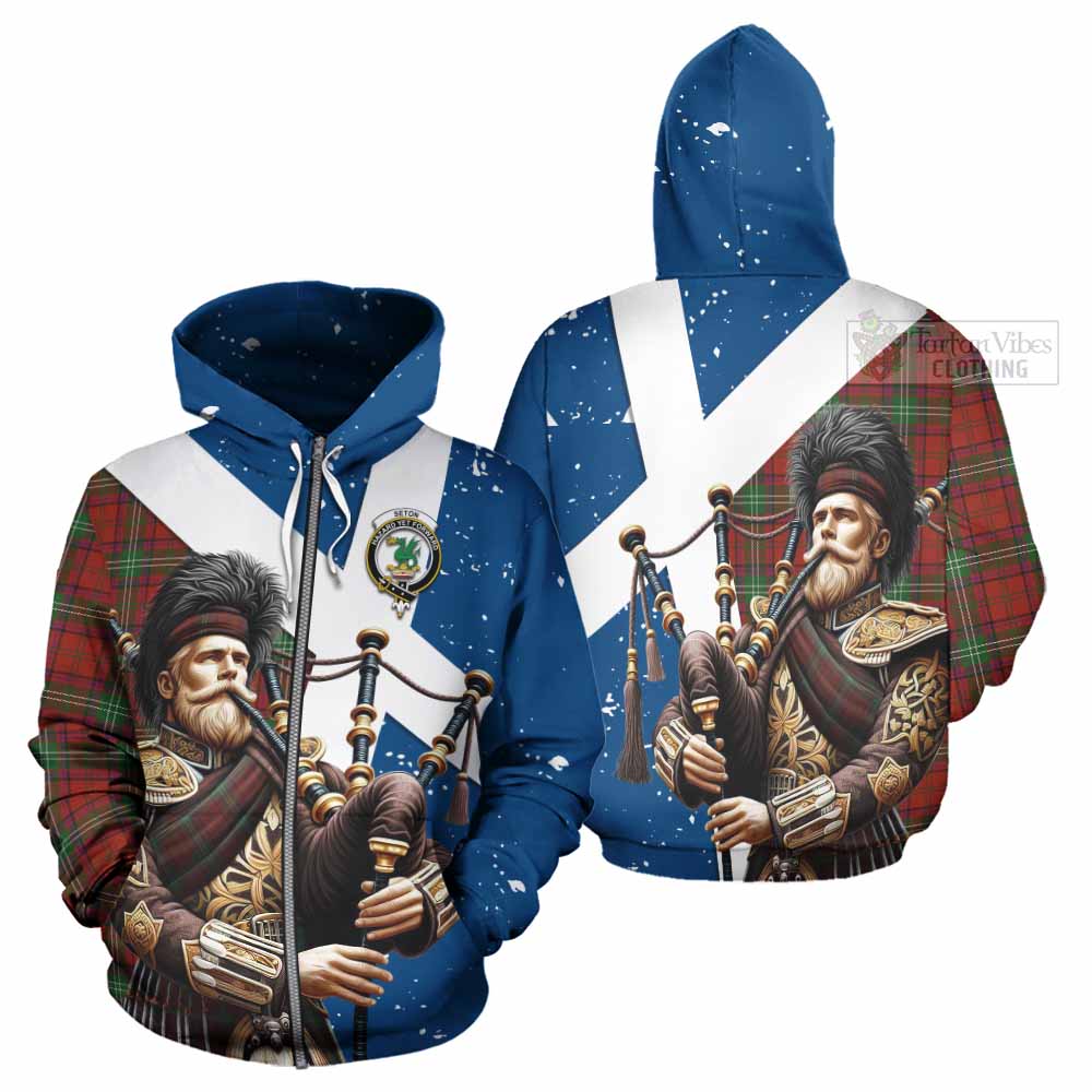 Seton Tartan Hoodie with Family Crest Scottish Bagpiper Vibes - Tartan Vibes Clothing