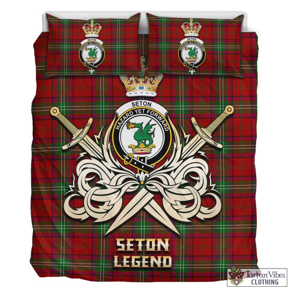 Tartan Vibes Clothing Seton Tartan Bedding Set with Clan Crest and the Golden Sword of Courageous Legacy