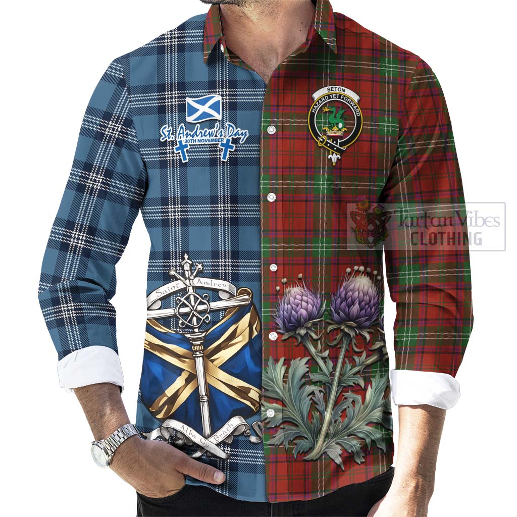 Seton Tartan Long Sleeve Button Shirt Happy St. Andrew's Day Half Tartan Style - Tartan Vibes Clothing