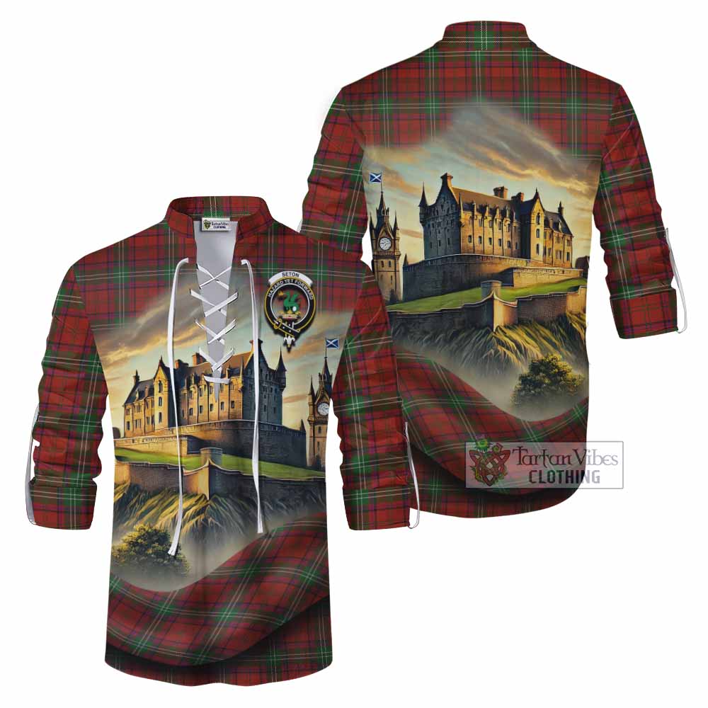 Seton Tartan Family Crest Ghillie Kilt Shirt with Scottish Ancient Castle Style - Tartan Vibes Clothing
