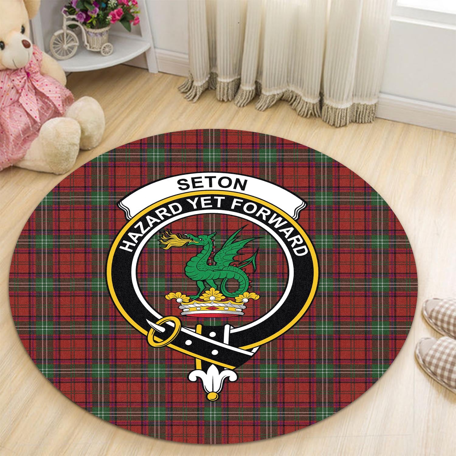 Seton Tartan Round Rug with Family Crest - Tartan Vibes Clothing