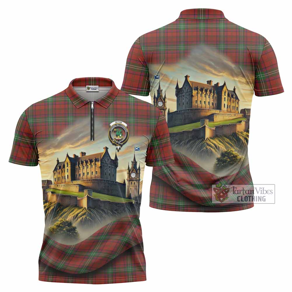 Seton Tartan Family Crest Zipper Polo Shirt with Scottish Ancient Castle Style - Tartan Vibes Clothing