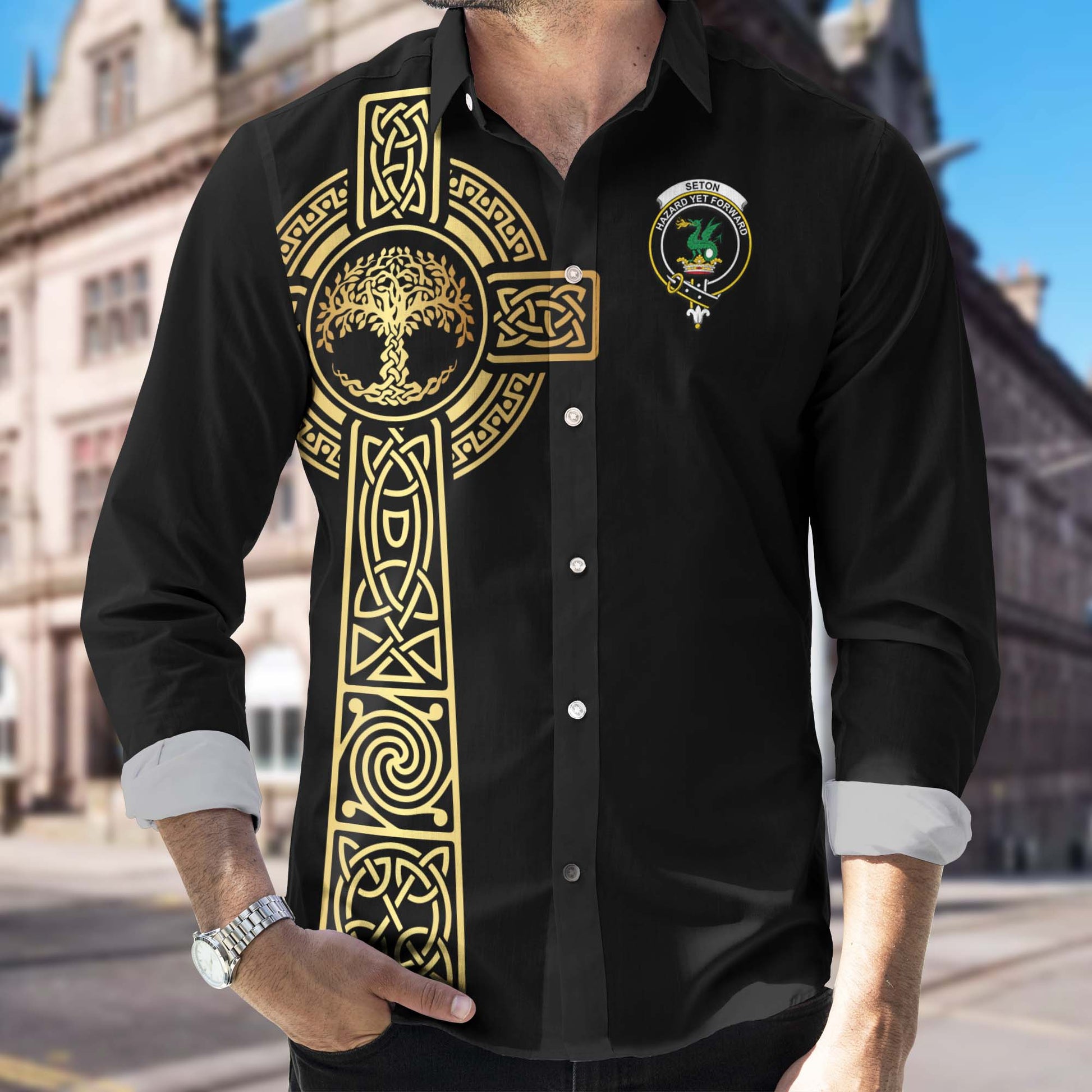 Seton Clan Mens Long Sleeve Button Up Shirt with Golden Celtic Tree Of Life - Tartanvibesclothing