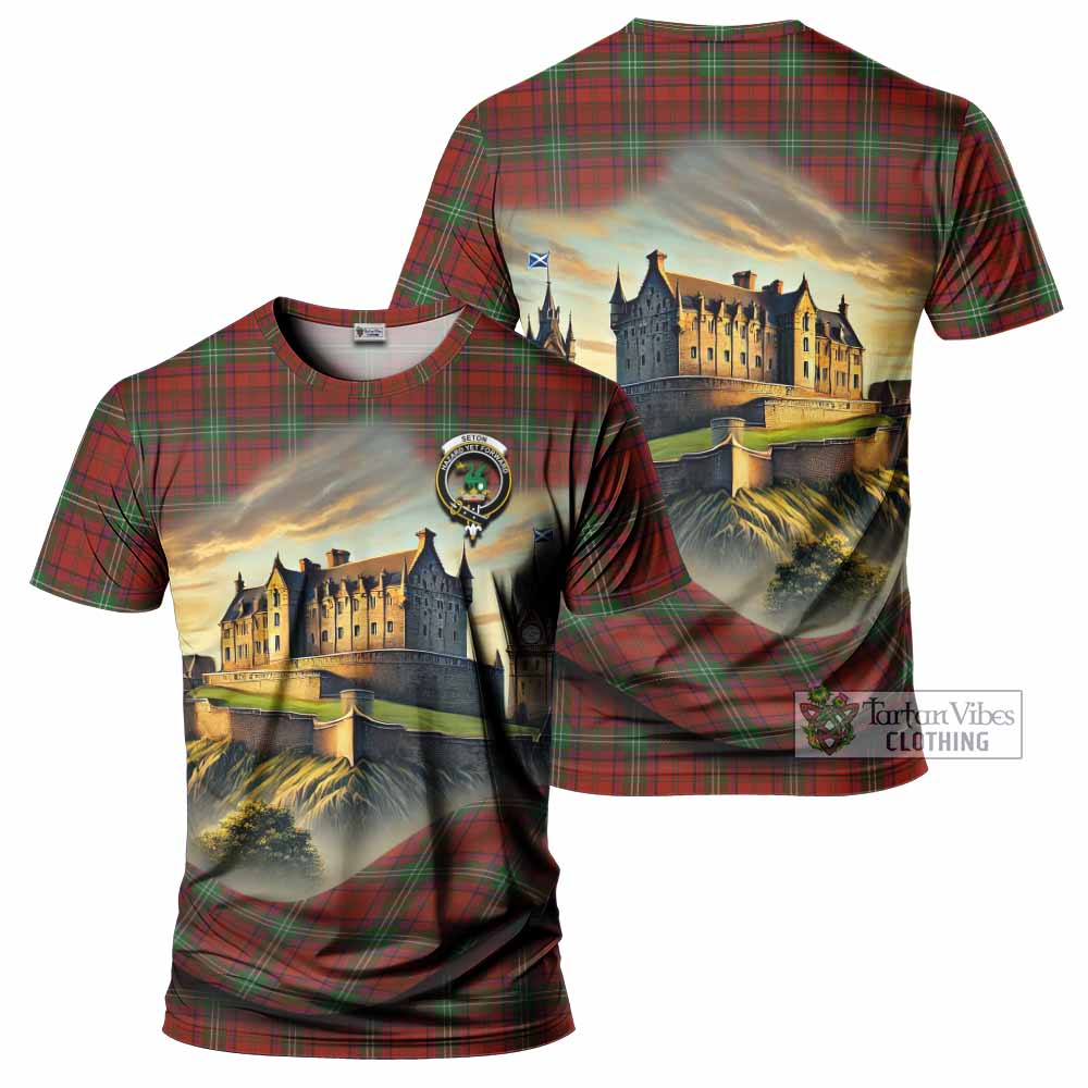 Seton Tartan Family Crest T-Shirt with Scottish Ancient Castle Style - Tartan Vibes Clothing
