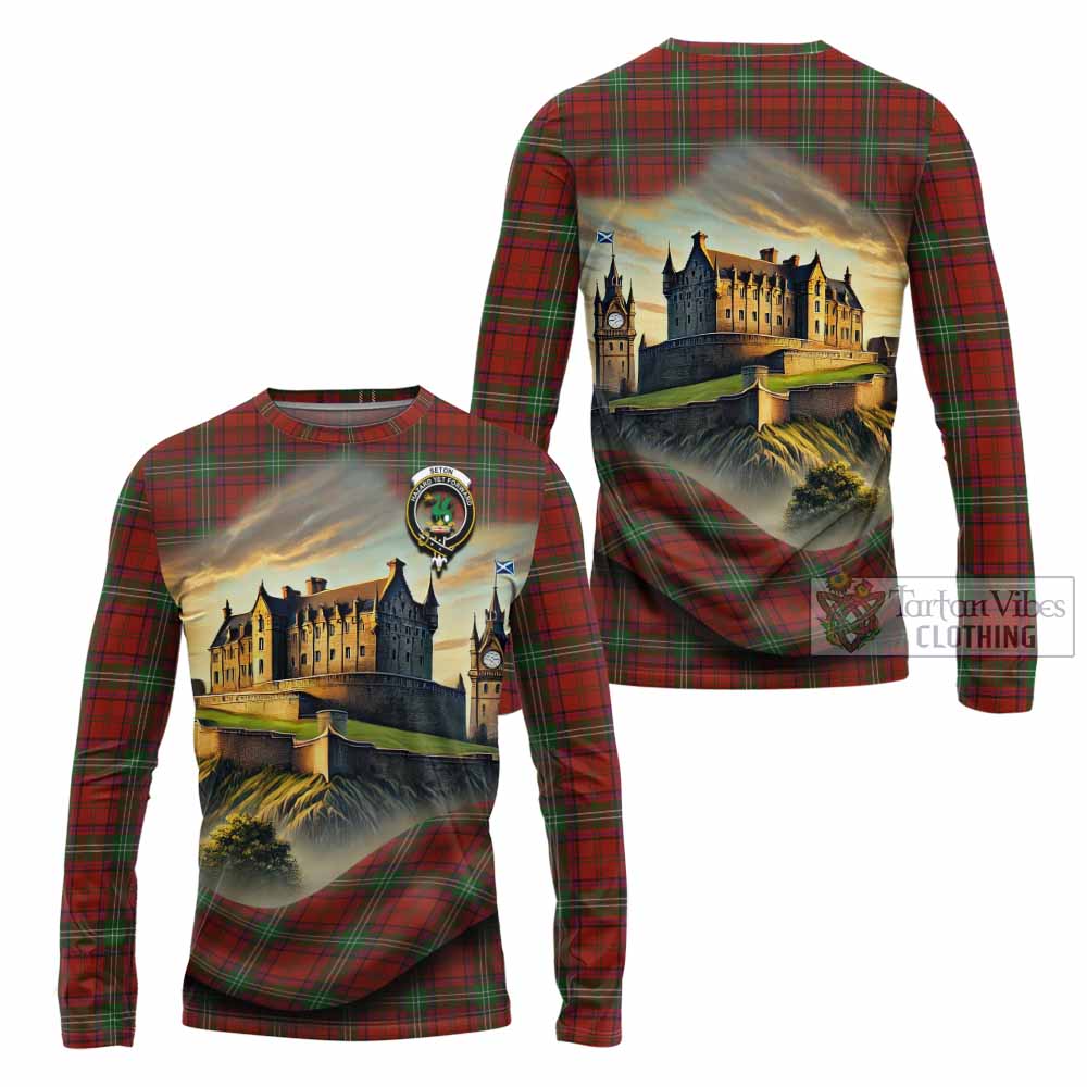 Seton Tartan Family Crest Long Sleeve T-Shirt with Scottish Ancient Castle Style - Tartan Vibes Clothing