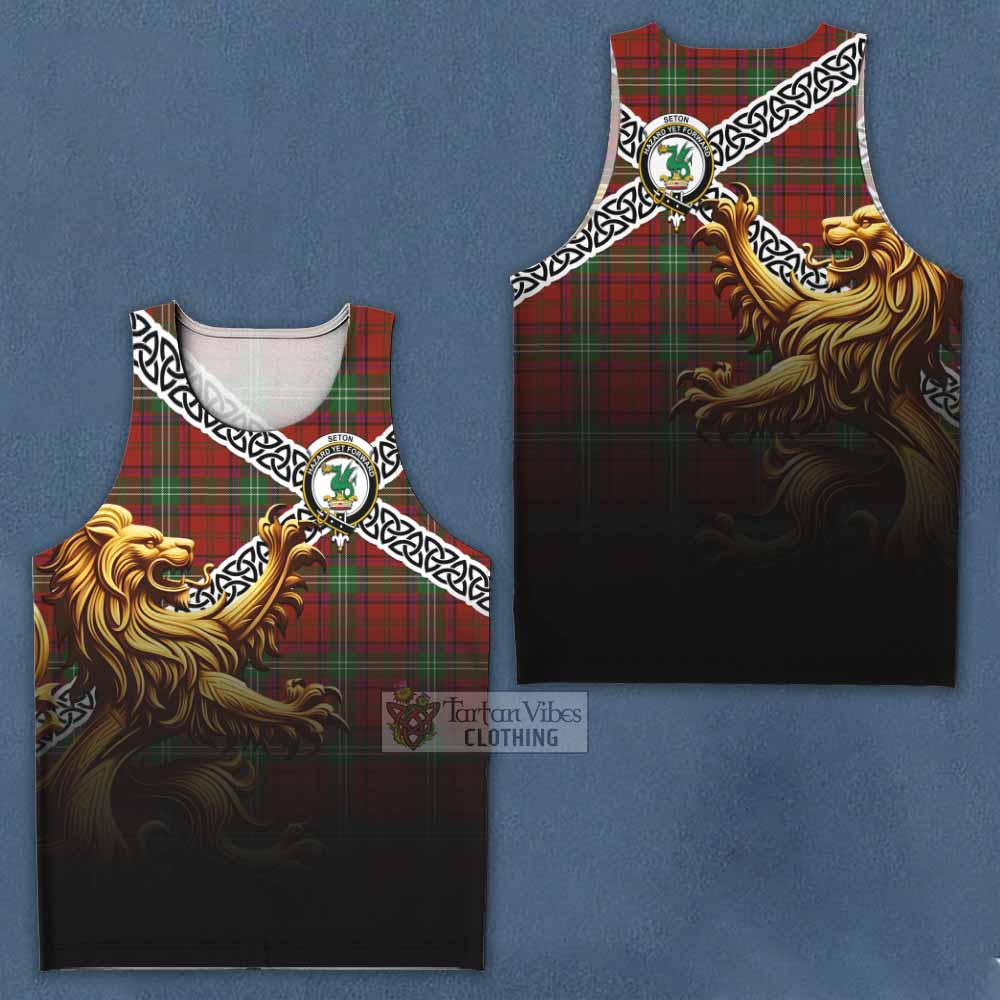 Seton Crest Tartan Men's Tank Top with Golden Lion Emblem Celtic Style - Tartan Vibes Clothing