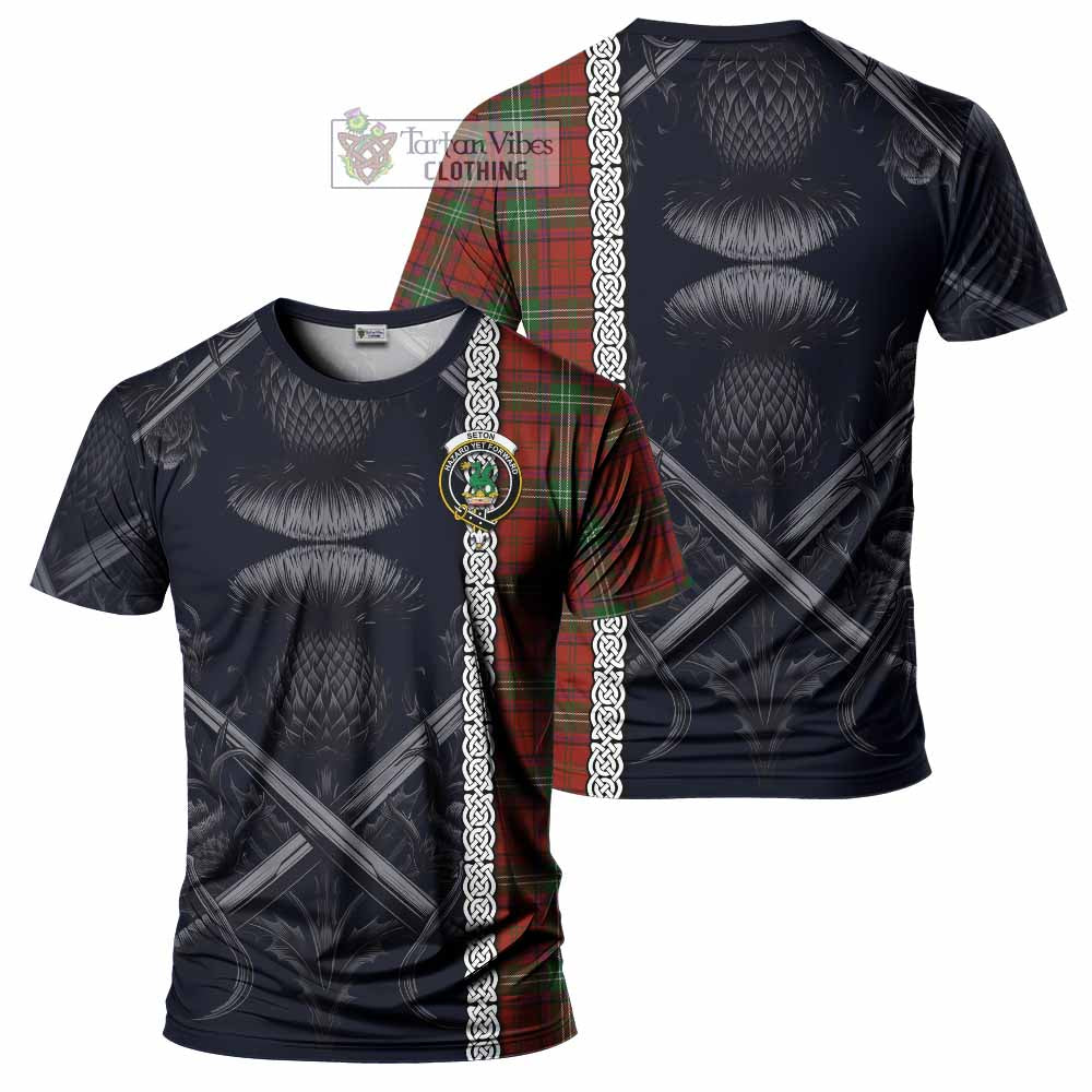 Seton Tartan T-Shirt with Family Crest Cross Sword Thistle Celtic Vibes - Tartan Vibes Clothing
