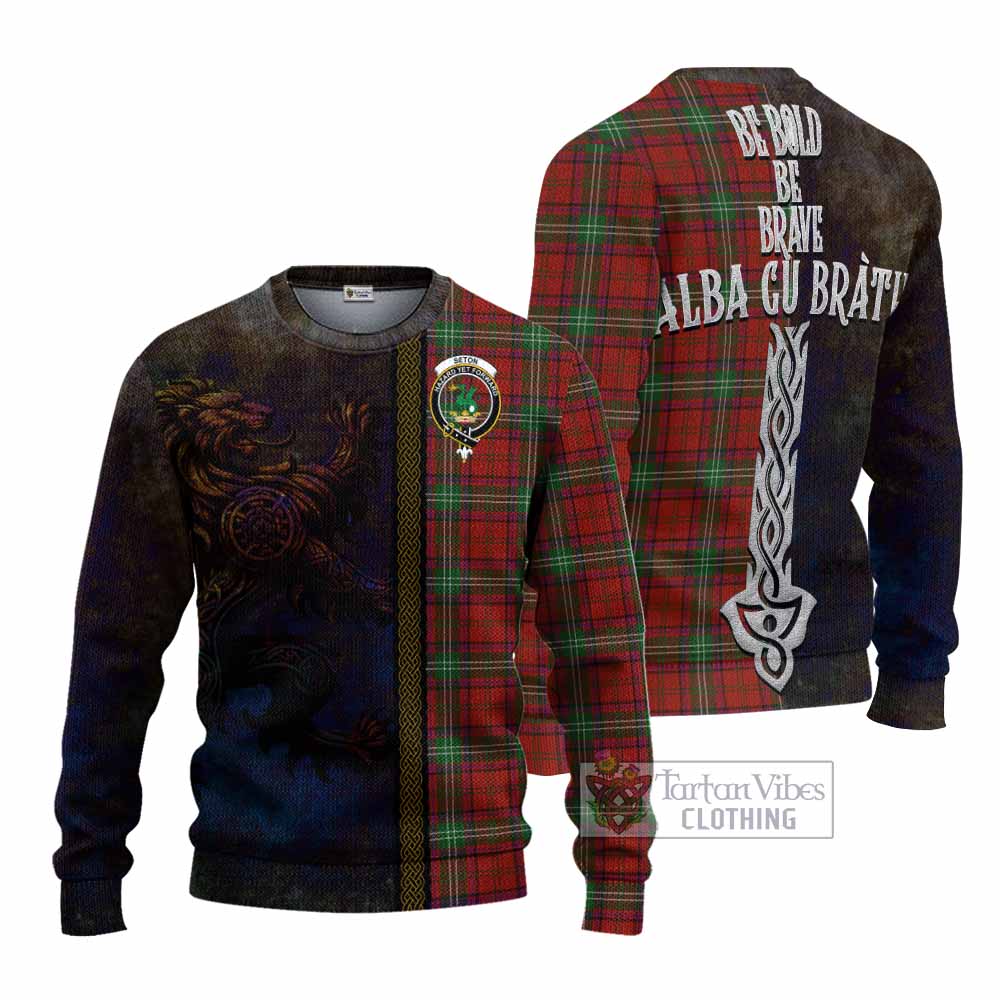 Seton Tartan Family Crest Knitted Sweater Alba Gu Brath Be Brave Lion Ancient Style - Tartan Vibes Clothing