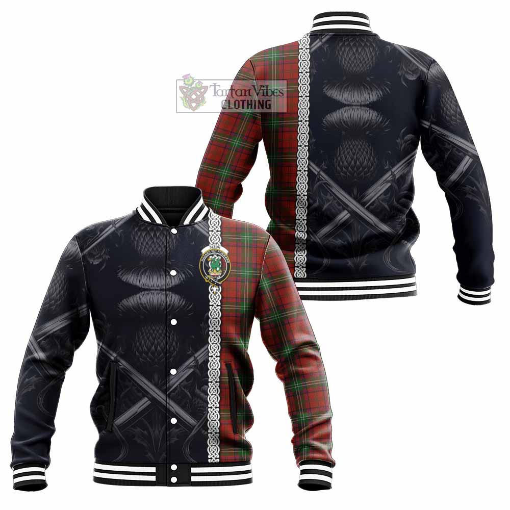Seton Tartan Baseball Jacket with Family Crest Cross Sword Thistle Celtic Vibes - Tartan Vibes Clothing