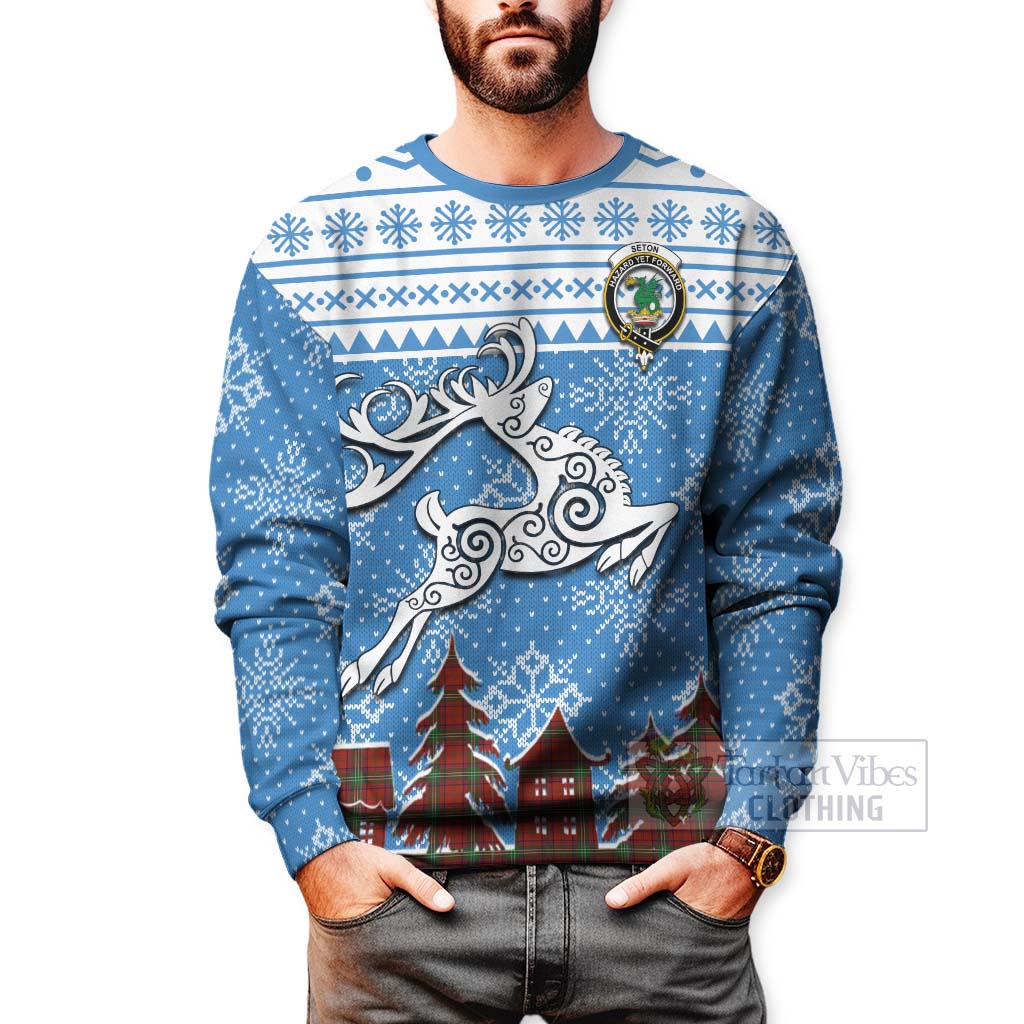 Seton Clan Christmas Sweatshirt Celtic Reindeer Style - Tartan Vibes Clothing