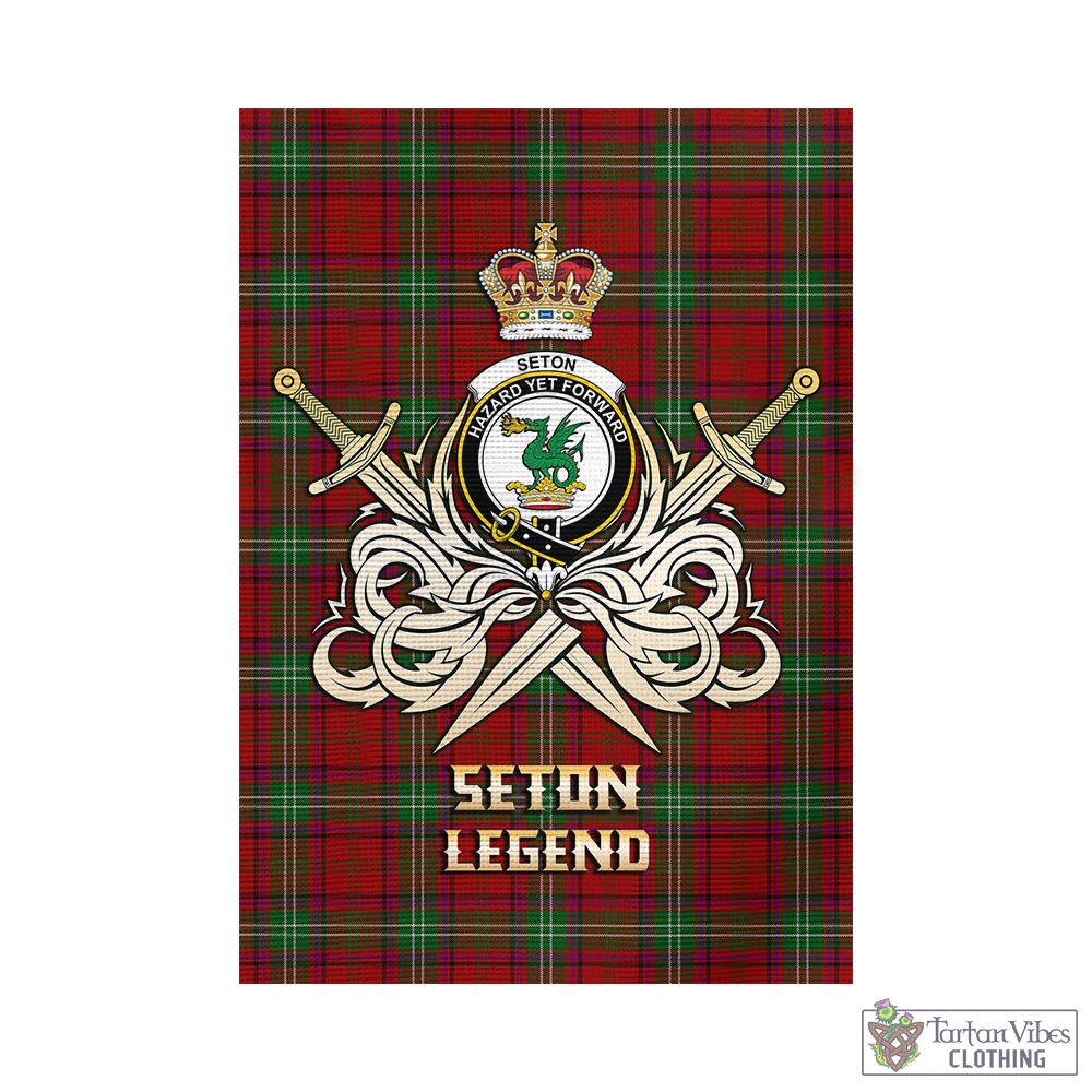 Seton Tartan Garden Flag with Clan Crest and the Golden Sword of Courageous Legacy - Tartan Vibes Clothing