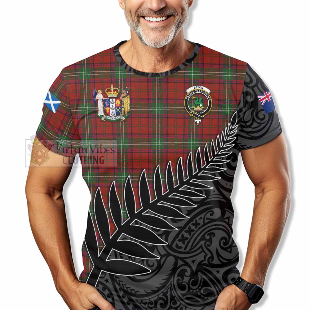 Seton Crest Tartan T-Shirt with New Zealand Silver Fern Half Style - Tartan Vibes Clothing