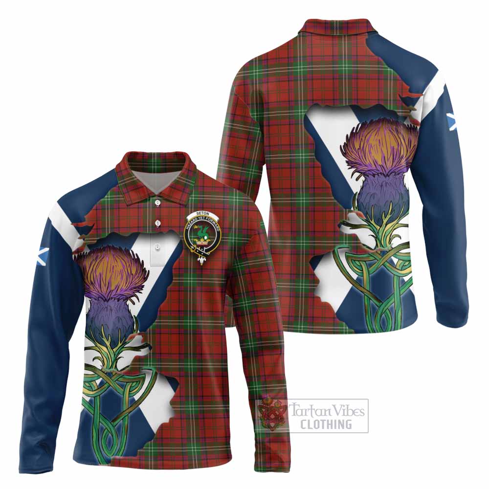 Tartan Vibes Clothing Seton Tartan Family Crest Long Sleeve Polo Shirt Scottish Thistle Celtic Inspired