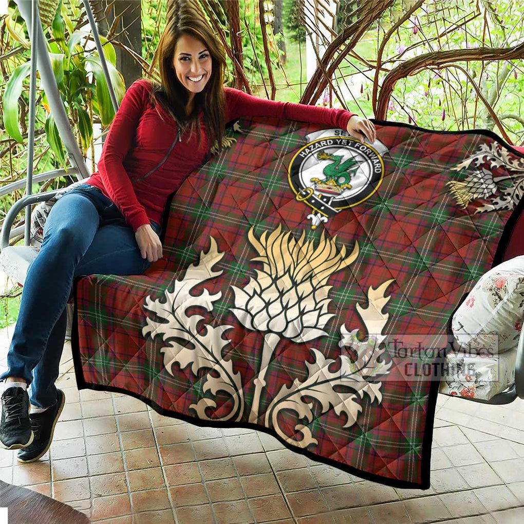 Seton Tartan Quilt with Family Crest and Golden Thistle Style - Tartan Vibes Clothing