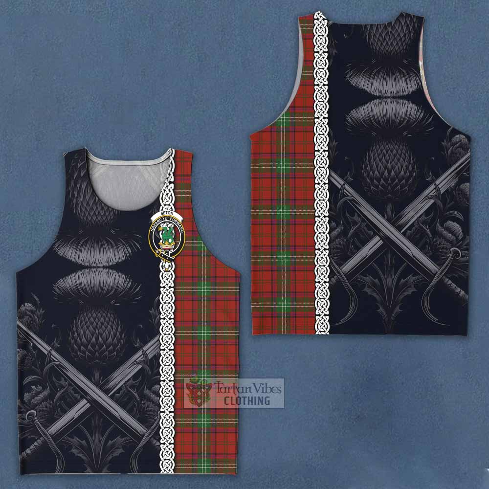 Seton Tartan Men's Tank Top with Family Crest Cross Sword Thistle Celtic Vibes - Tartan Vibes Clothing