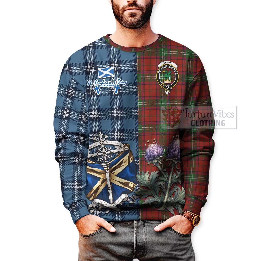 Seton Tartan Sweatshirt Happy St. Andrew's Day Half Tartan Style - Tartan Vibes Clothing