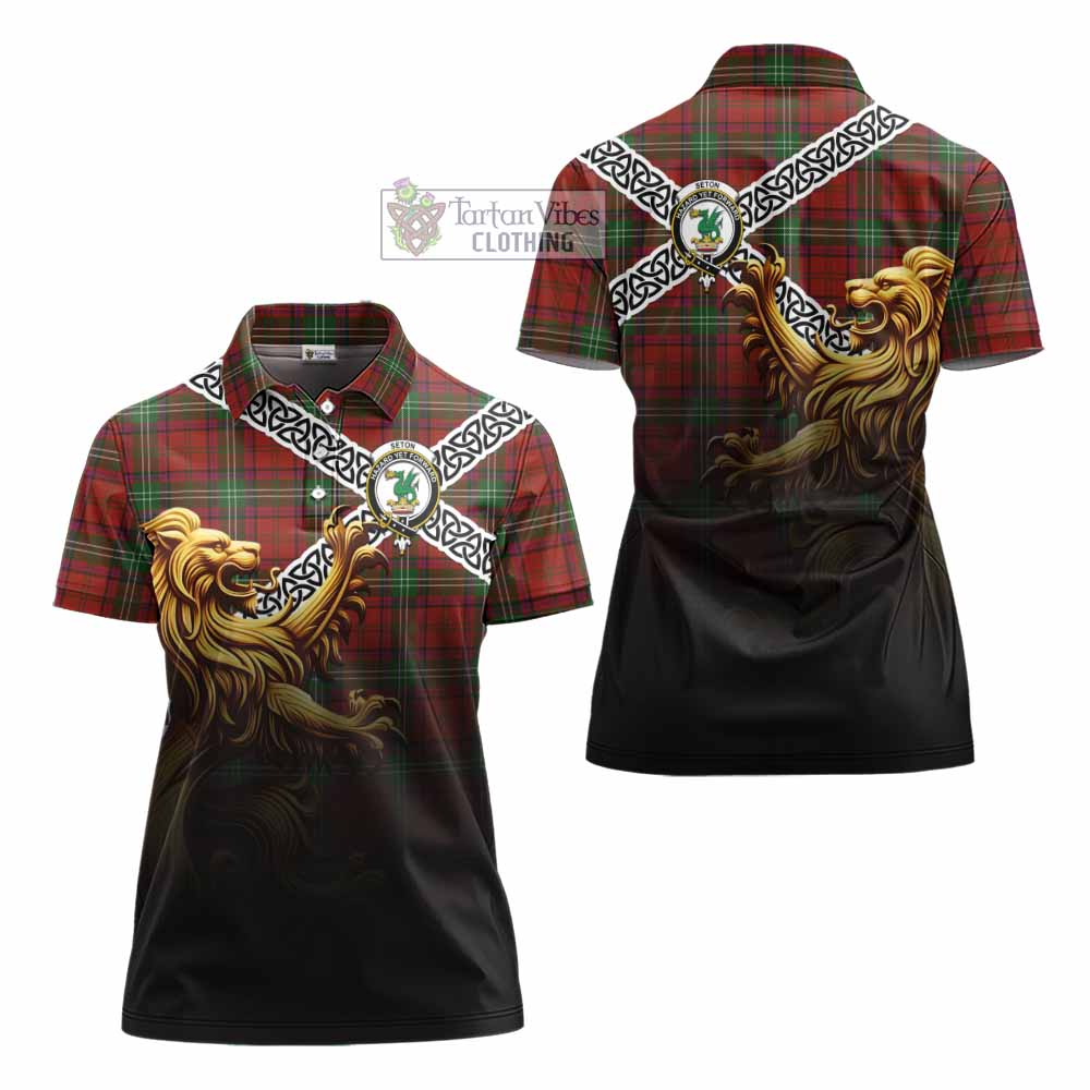 Seton Crest Tartan Women's Polo Shirt with Golden Lion Emblem Celtic Style - Tartan Vibes Clothing