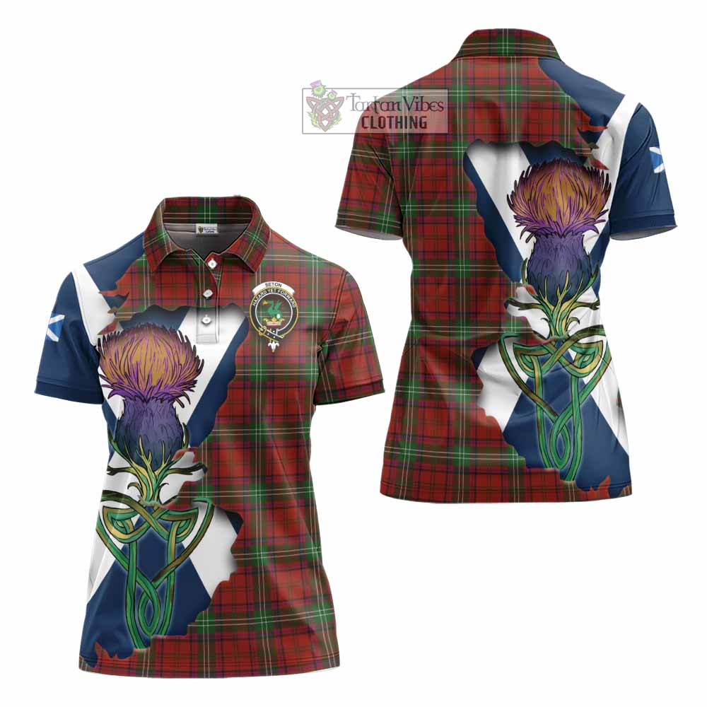 Tartan Vibes Clothing Seton Tartan Family Crest Women's Polo Shirt Scottish Thistle Celtic Inspired
