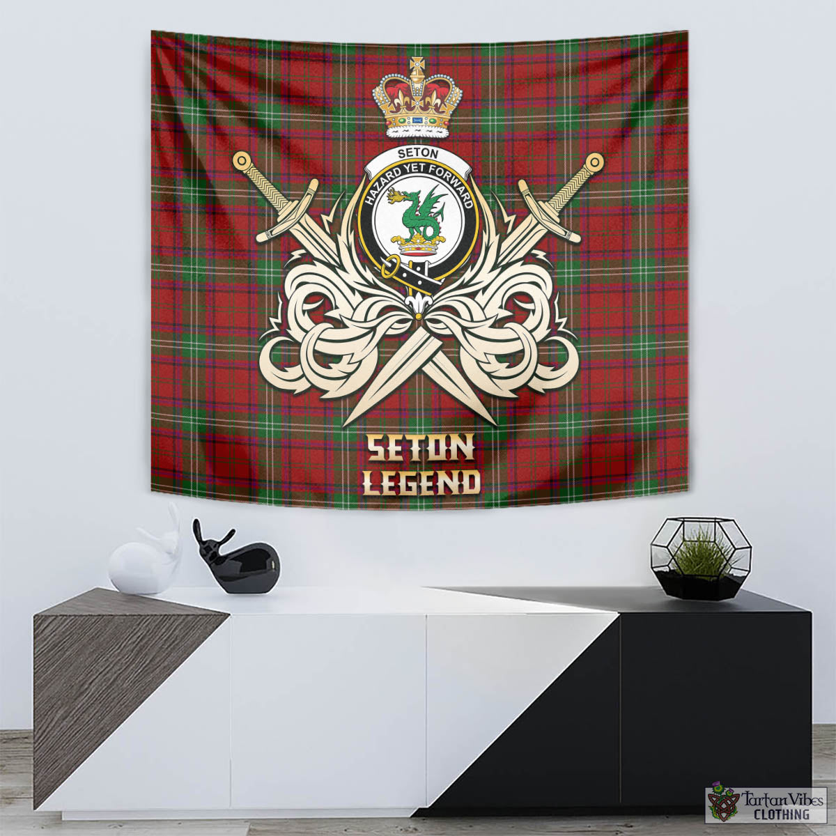 Tartan Vibes Clothing Seton Tartan Tapestry with Clan Crest and the Golden Sword of Courageous Legacy