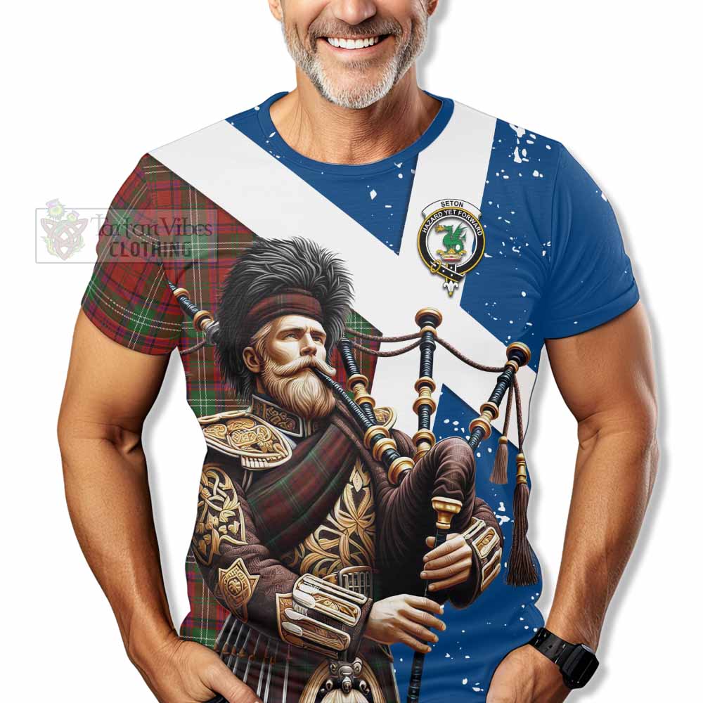 Seton Tartan T-Shirt with Family Crest Scottish Bagpiper Vibes - Tartan Vibes Clothing