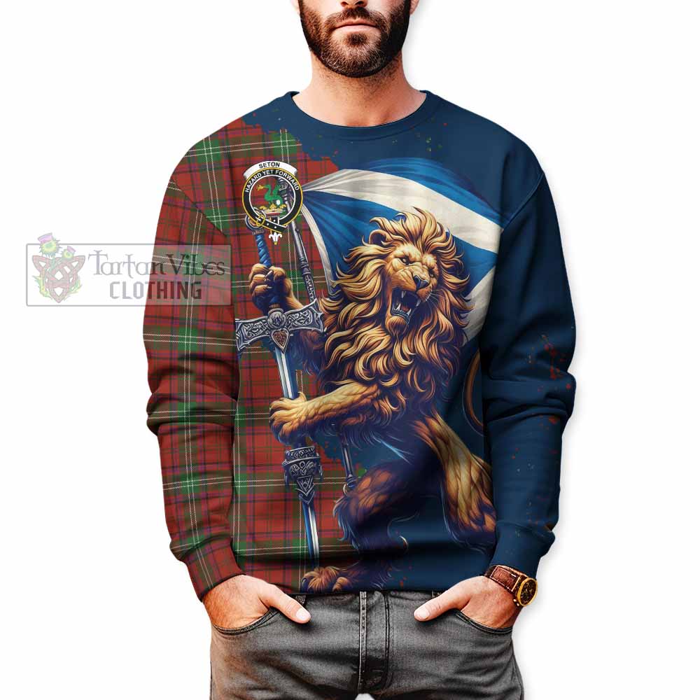 Seton Tartan Family Crest Sweatshirt with Scottish Majestic Lion - Tartan Vibes Clothing