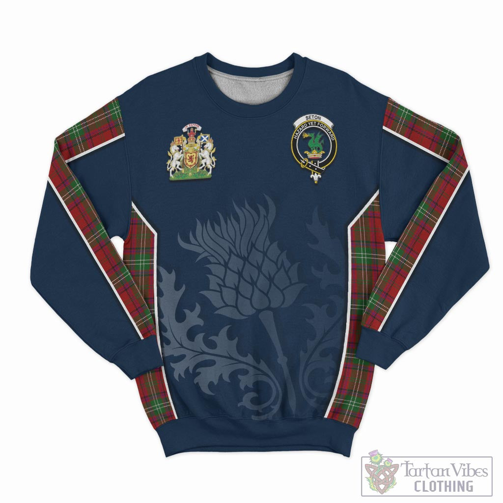 Seton Tartan Sweatshirt with Family Crest and Scottish Thistle Vibes Sport Style - Tartan Vibes Clothing