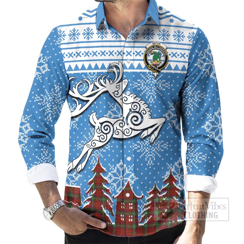Seton Clan Christmas Long Sleeve Button Shirt Celtic Reindeer Style - Tartan Vibes Clothing