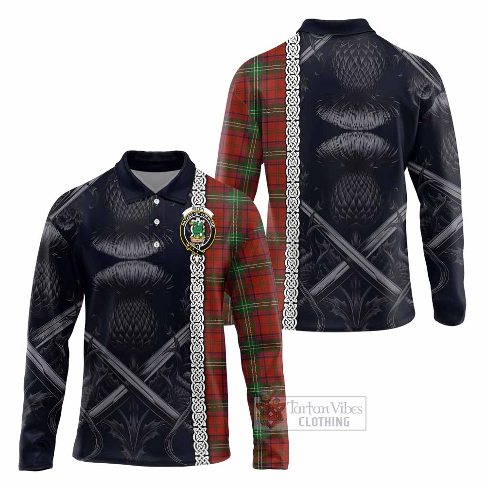 Seton Tartan Long Sleeve Polo Shirt with Family Crest Cross Sword Thistle Celtic Vibes - Tartan Vibes Clothing