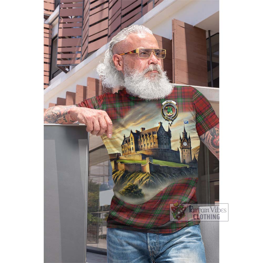 Seton Tartan Family Crest Cotton T-shirt with Scottish Ancient Castle Style - Tartan Vibes Clothing