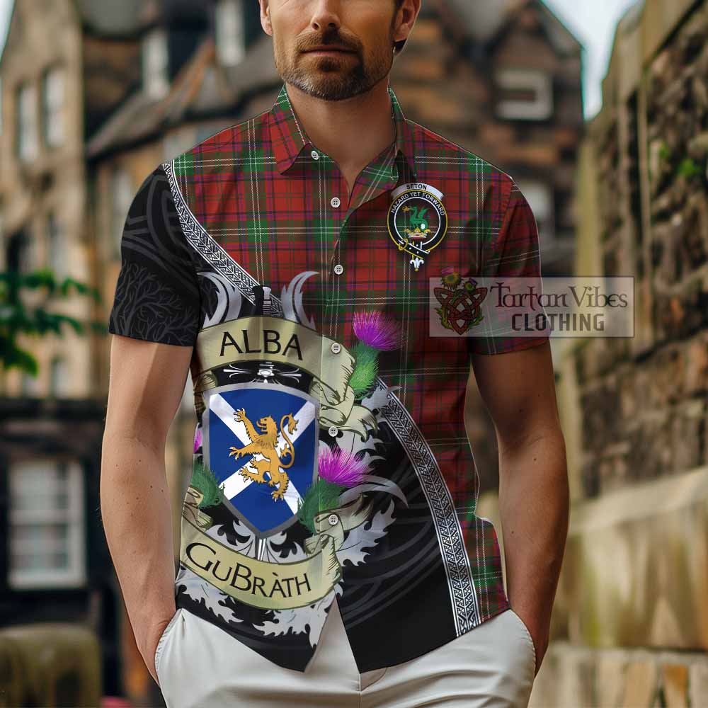 Seton Tartan Family Crest Hawaiian Shirt Lion Rampant Royal Thistle Shield Celtic Inspired - Tartan Vibes Clothing