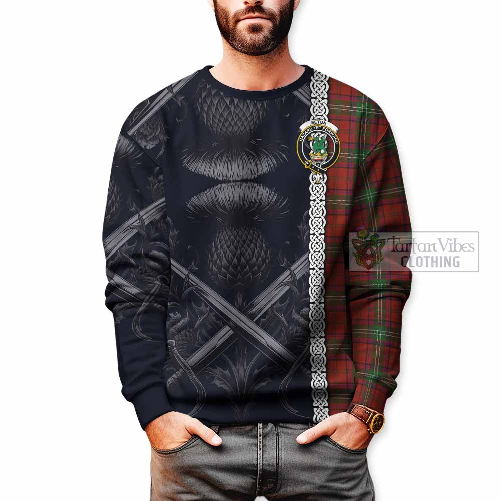 Seton Tartan Sweatshirt with Family Crest Cross Sword Thistle Celtic Vibes - Tartan Vibes Clothing