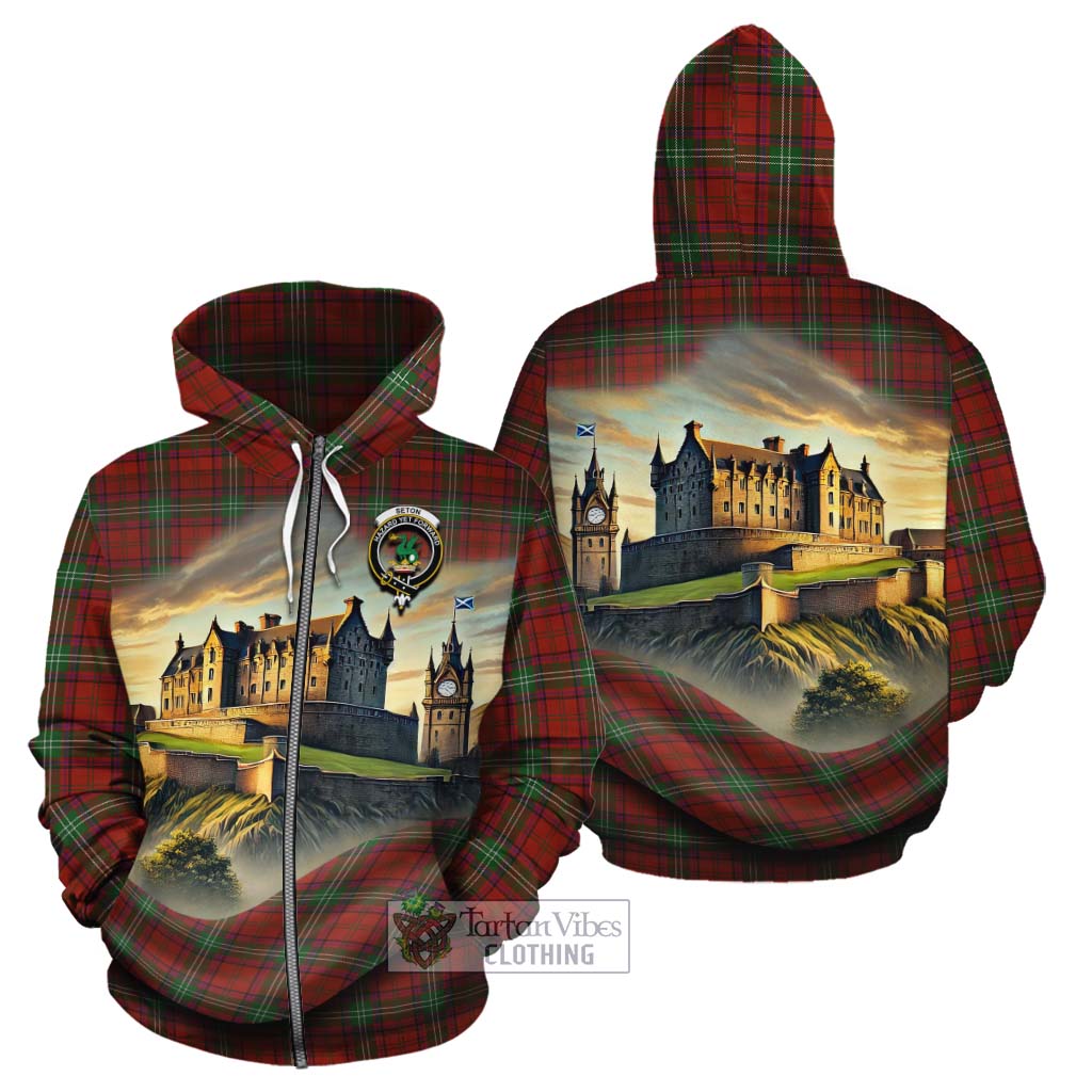 Seton Tartan Family Crest Cotton Hoodie with Scottish Ancient Castle Style Zip Hoodie - Tartan Vibes Clothing
