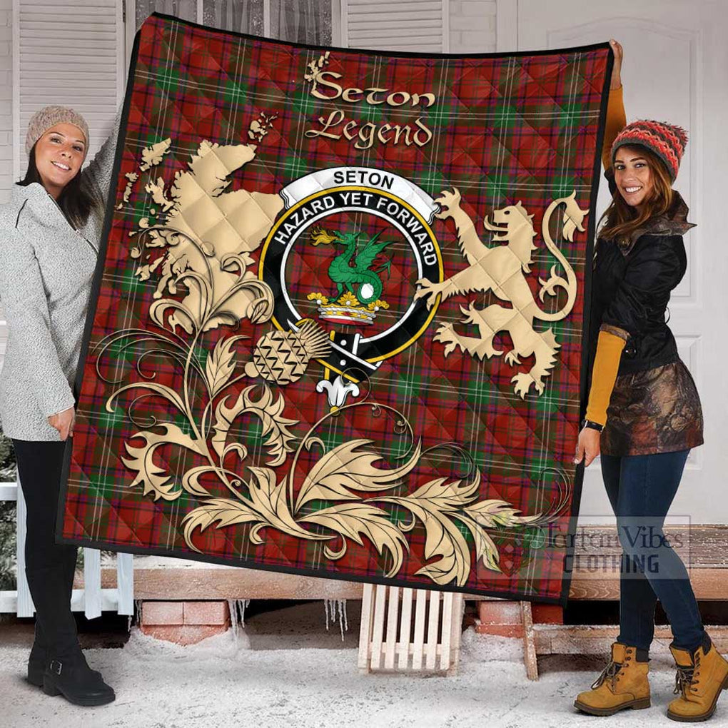 Tartan Vibes Clothing Seton Tartan Quilt with Family Crest and Scottish Symbol Style