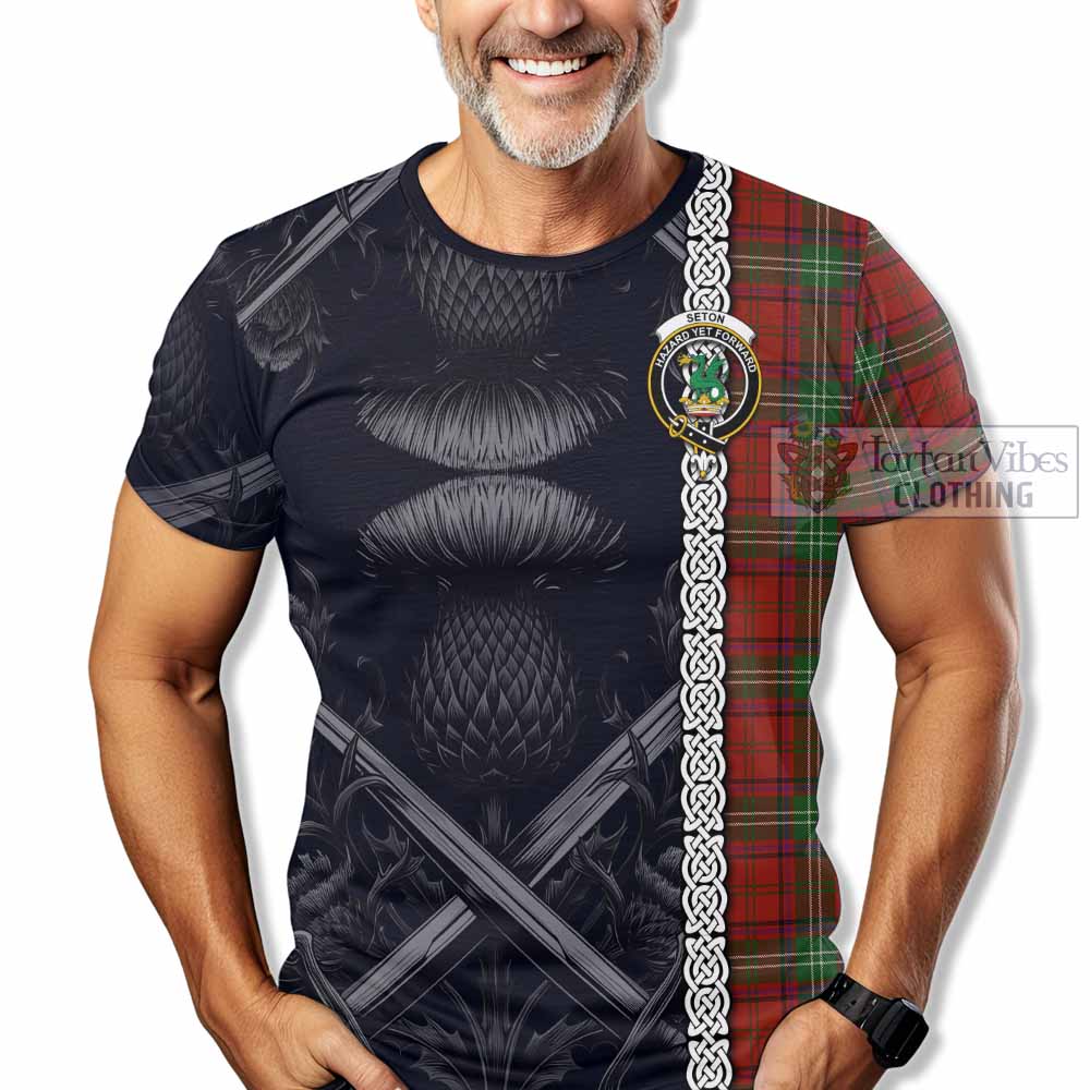 Seton Tartan T-Shirt with Family Crest Cross Sword Thistle Celtic Vibes - Tartan Vibes Clothing