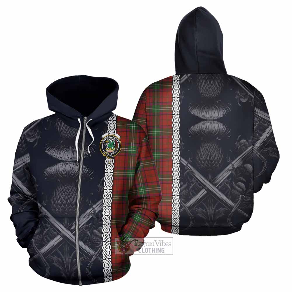 Seton Tartan Hoodie with Family Crest Cross Sword Thistle Celtic Vibes Zip Hoodie - Tartan Vibes Clothing
