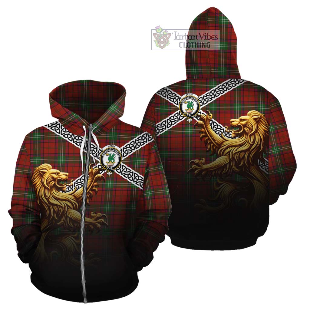 Seton Crest Tartan Cotton Hoodie with Golden Lion Emblem Celtic Style Zip Hoodie - Tartan Vibes Clothing