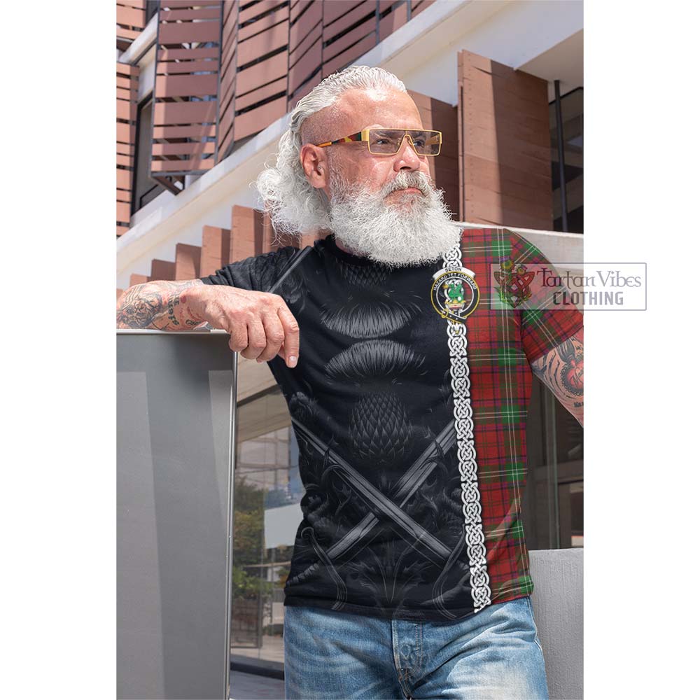 Seton Tartan Cotton T-shirt with Family Crest Cross Sword Thistle Celtic Vibes - Tartan Vibes Clothing