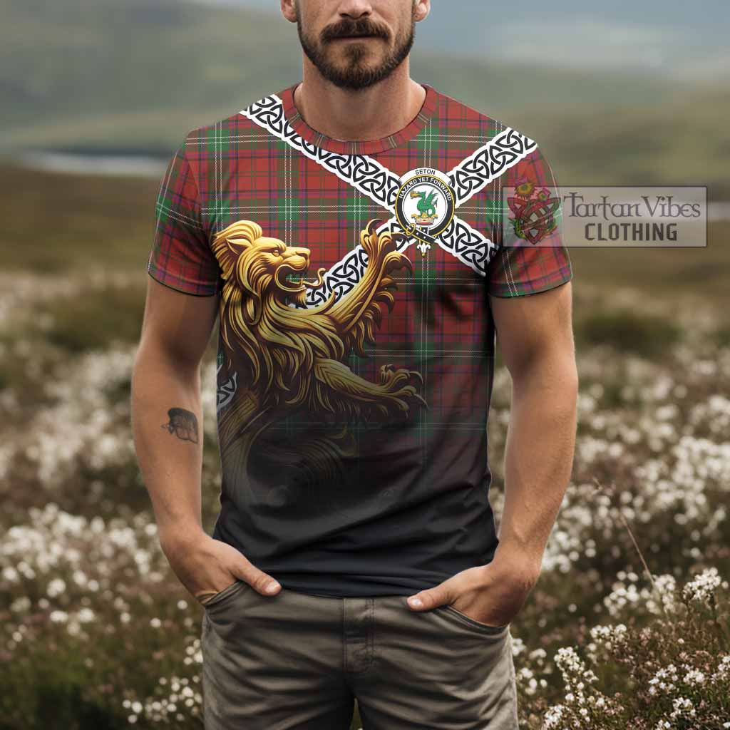 Seton Crest Tartan T-Shirt with Golden Lion Emblem Celtic Style - Tartan Vibes Clothing