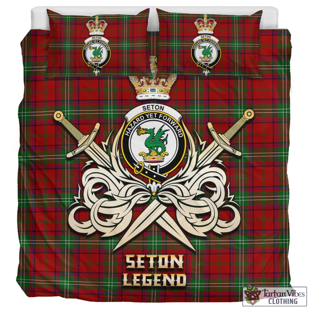 Tartan Vibes Clothing Seton Tartan Bedding Set with Clan Crest and the Golden Sword of Courageous Legacy