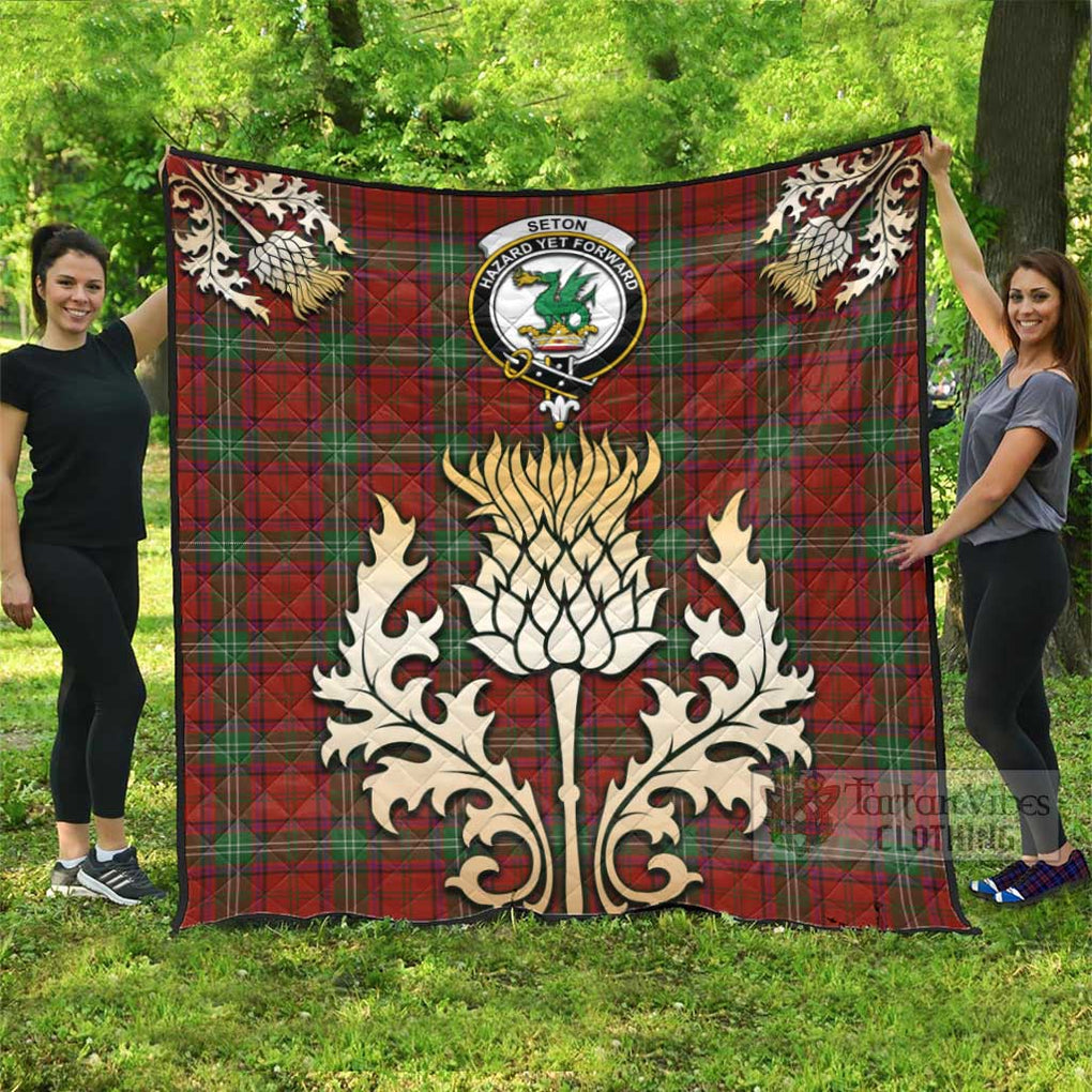 Seton Tartan Quilt with Family Crest and Golden Thistle Style - Tartan Vibes Clothing