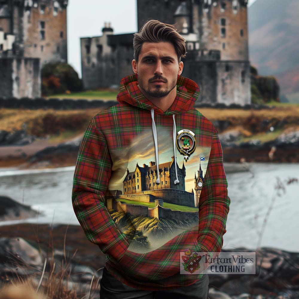 Seton Tartan Family Crest Cotton Hoodie with Scottish Ancient Castle Style - Tartan Vibes Clothing