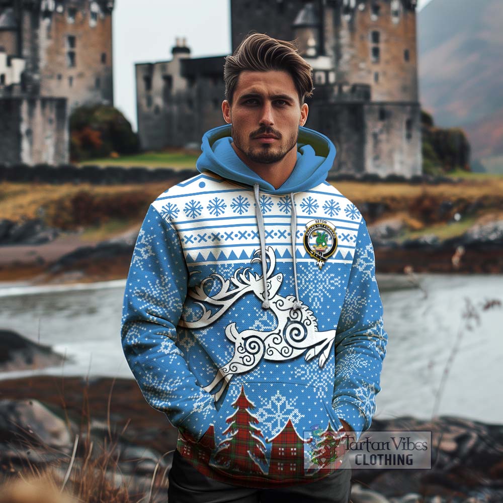 Seton Clan Christmas Cotton Hoodie Celtic Reindeer Style - Tartan Vibes Clothing
